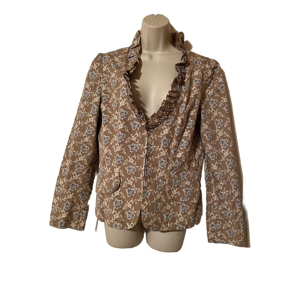 Banana Republic Ruffle 100% Cotton Floral Blazer Jacket Size Medium Tan Blue